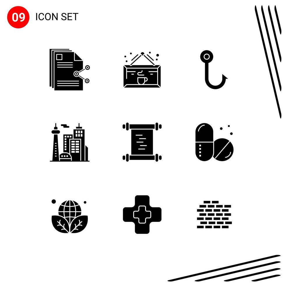 Modern Set of 9 Solid Glyphs Pictograph of history landmark cup building hook Editable Vector Design Elements