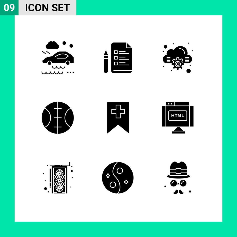 Set of 9 Vector Solid Glyphs on Grid for find media cloud plus sport Editable Vector Design Elements