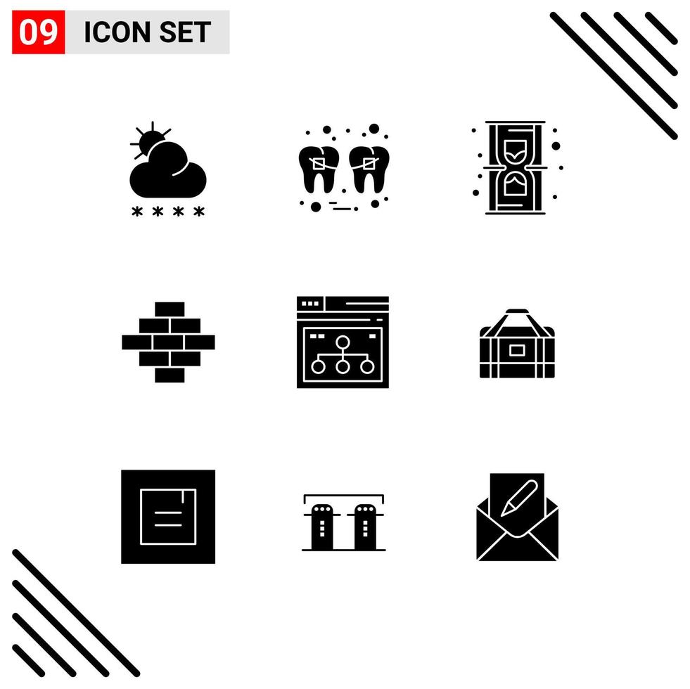 Mobile Interface Solid Glyph Set of 9 Pictograms of page construction wire building time Editable Vector Design Elements