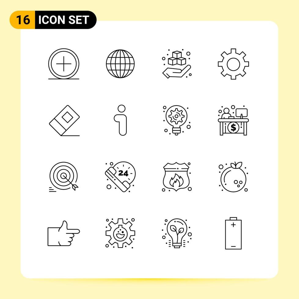 Pack of 16 Modern Outlines Signs and Symbols for Web Print Media such as eraser user box interface setting Editable Vector Design Elements