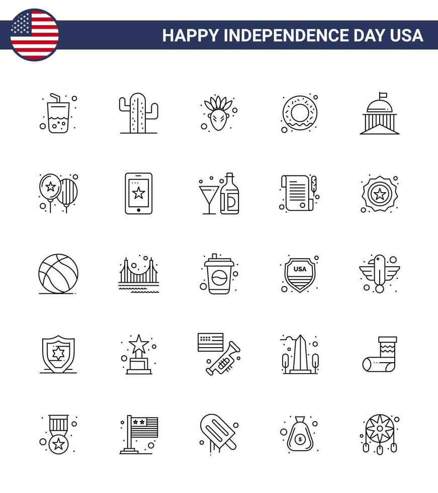 4 de julio estados unidos feliz día de la independencia icono símbolos grupo de 25 líneas modernas de bandera de irlanda ciudad americana comida editable día de estados unidos elementos de diseño vectorial vector