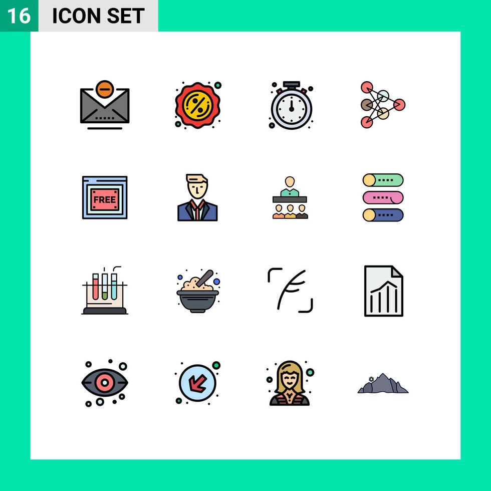 Mobile Interface Flat Color Filled Line Set of 16 Pictograms of tecnology free access clock data deep Editable Creative Vector Design Elements