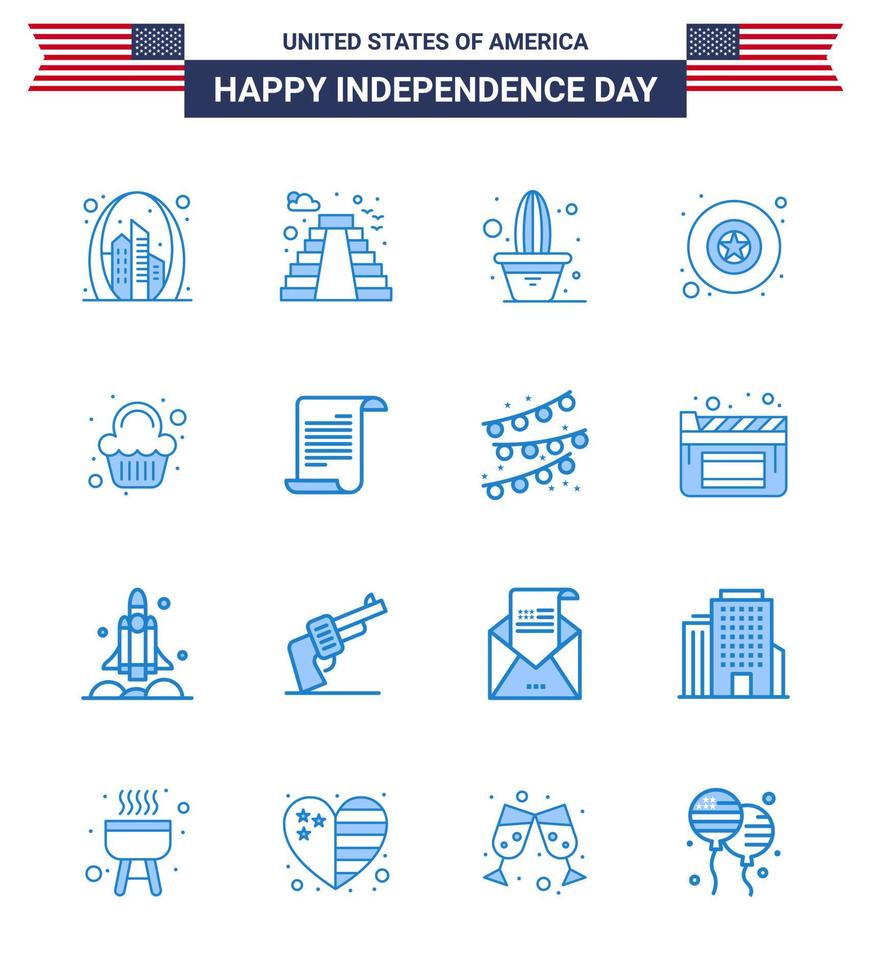 paquete de 16 signos de blues de celebración del día de la independencia de EE. UU. Y símbolos del 4 de julio, como la estrella de la fiesta, olla militar de EE. UU., Elementos de diseño vectorial editables del día de EE. UU. vector