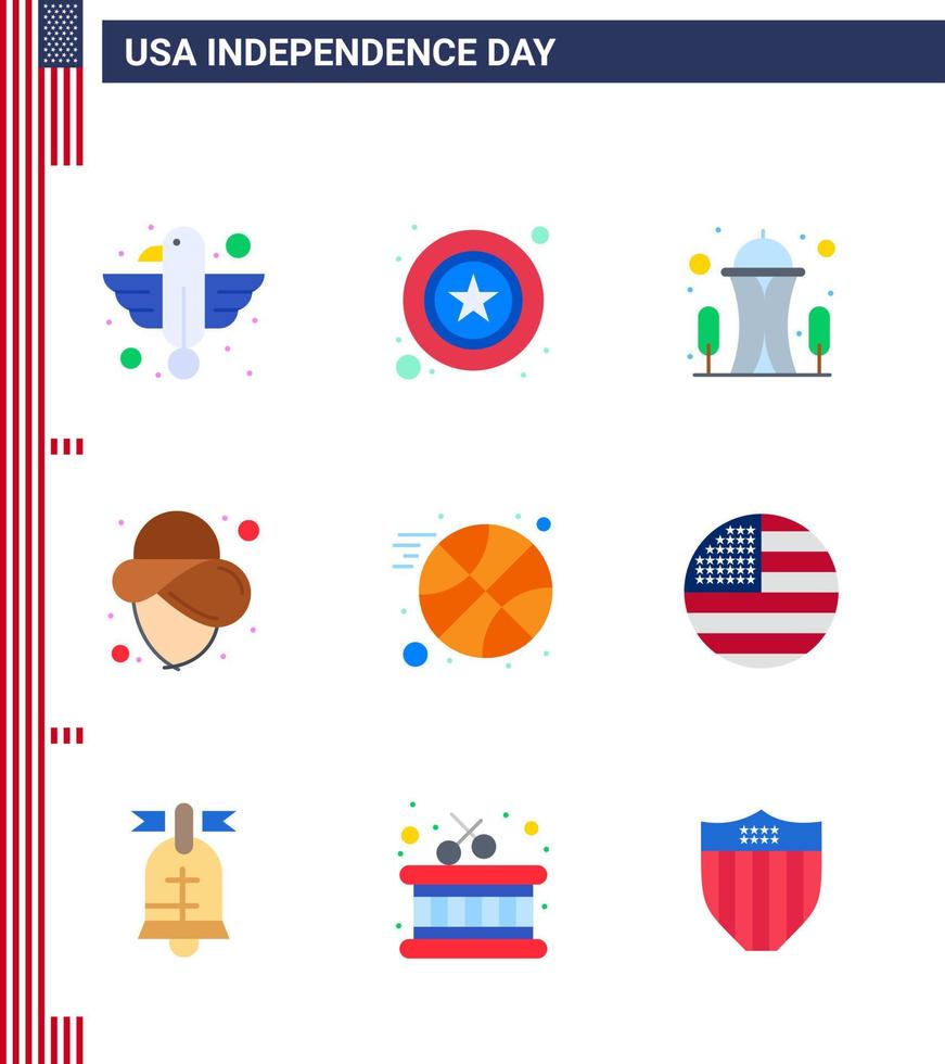 9 signos planos de estados unidos celebración del día de la independencia símbolos de sombrero de bola signo espacio de vaquero elementos de diseño de vector de día de estados unidos editables