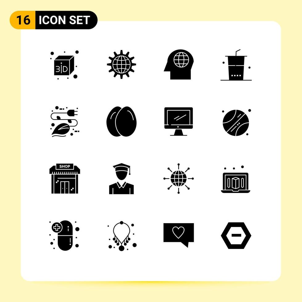 Universal Icon Symbols Group of 16 Modern Solid Glyphs of energy shopping world shop drinks Editable Vector Design Elements