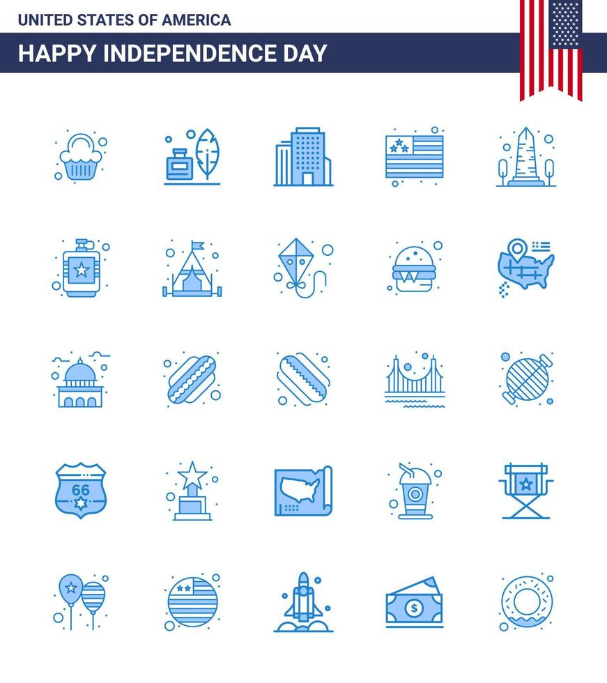 4th July USA Happy Independence Day Icon Symbols Group of 25 Modern Blues of usa monument building landmark flag Editable USA Day Vector Design Elements