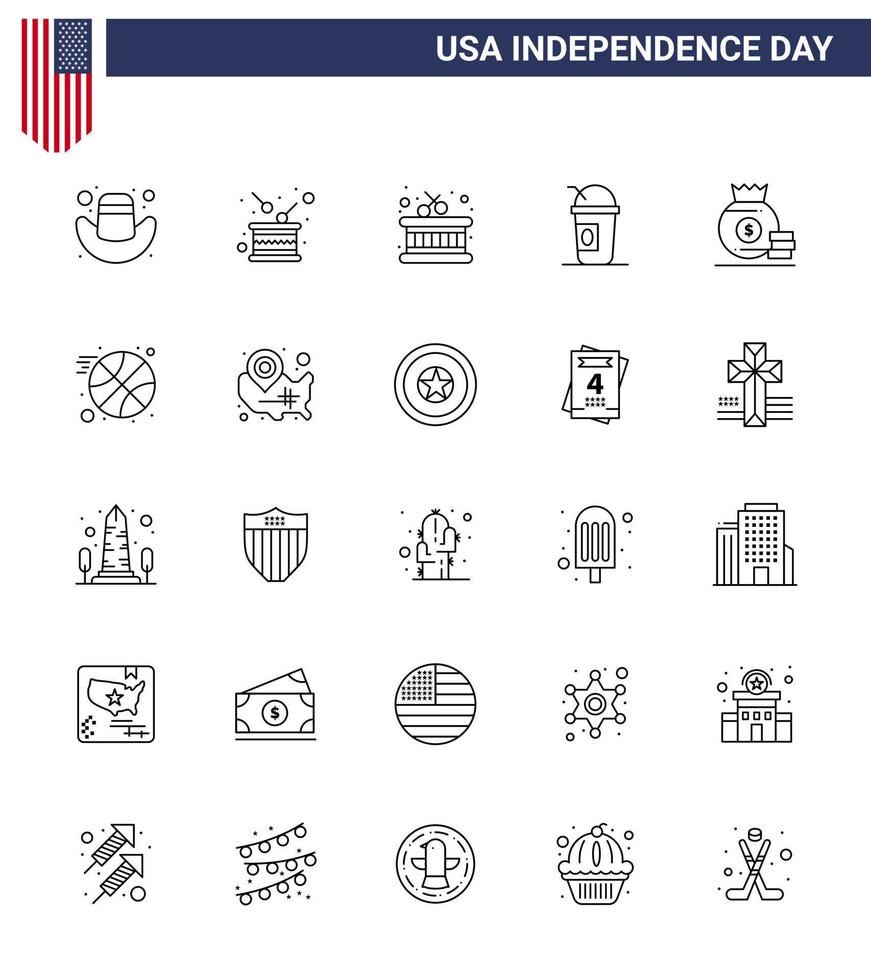 Set of 25 Vector Lines on 4th July USA Independence Day such as money dollar drum states american Editable USA Day Vector Design Elements