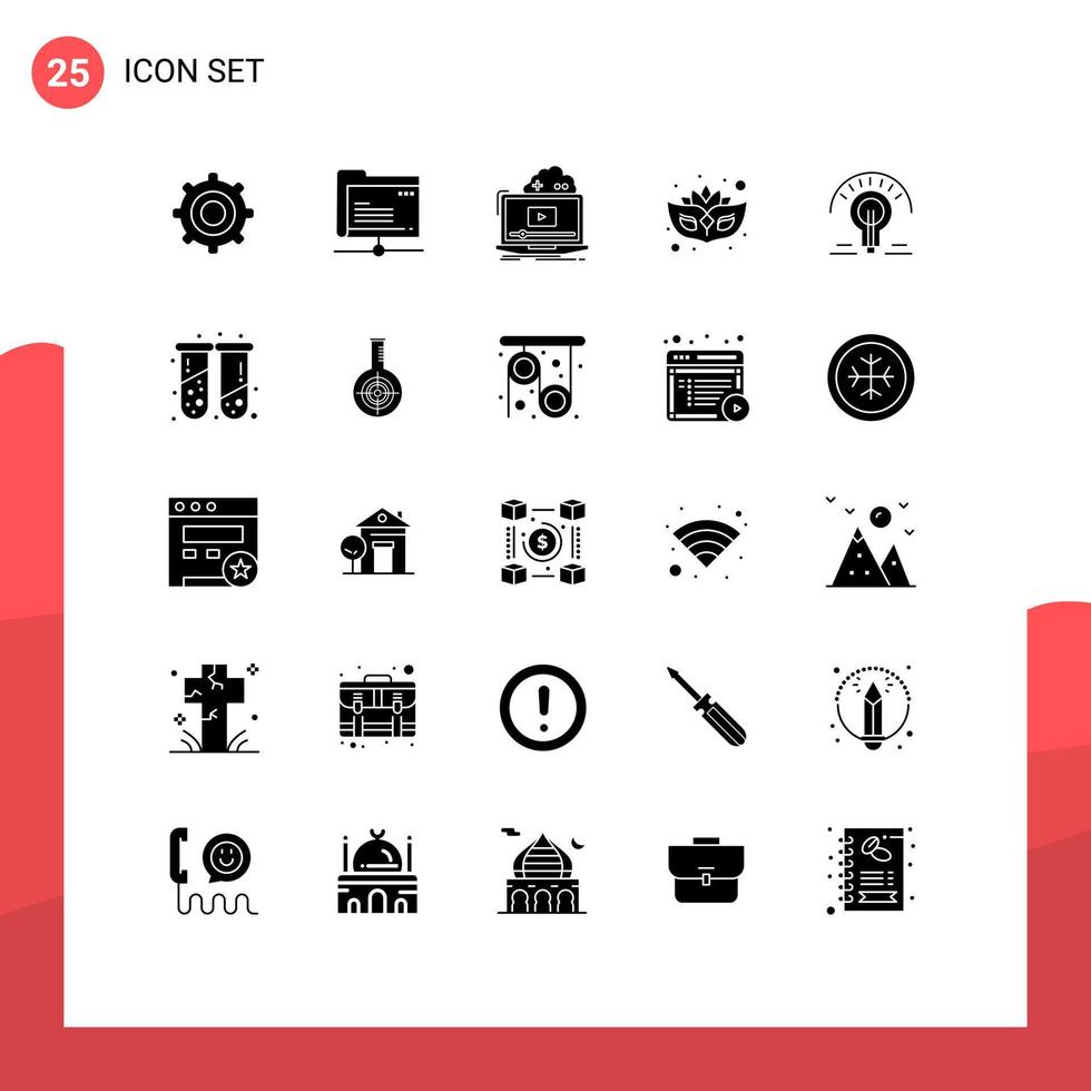 Group of 25 Modern Solid Glyphs Set for light bulb bulb game masquerade carnival Editable Vector Design Elements