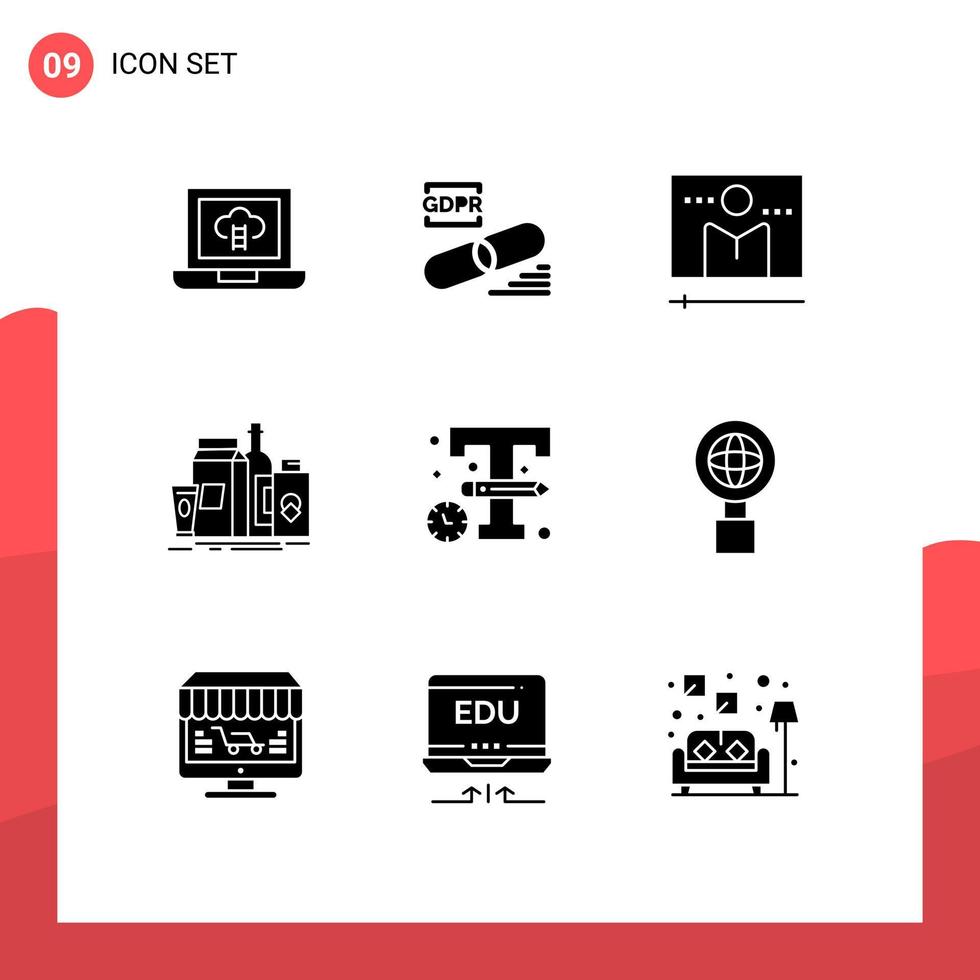 Group of 9 Modern Solid Glyphs Set for bottle marketing broadcast branding player Editable Vector Design Elements