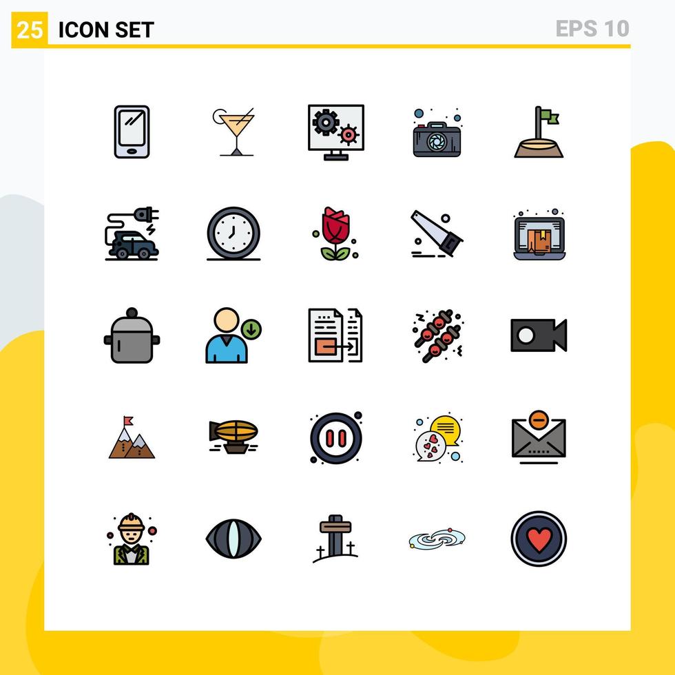 Pictogram Set of 25 Simple Filled line Flat Colors of flag photography configure camera setting Editable Vector Design Elements