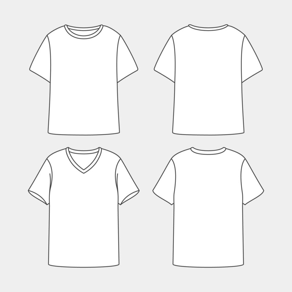 vista frontal y posterior de la plantilla de maqueta de camiseta de manga corta de contorno vector