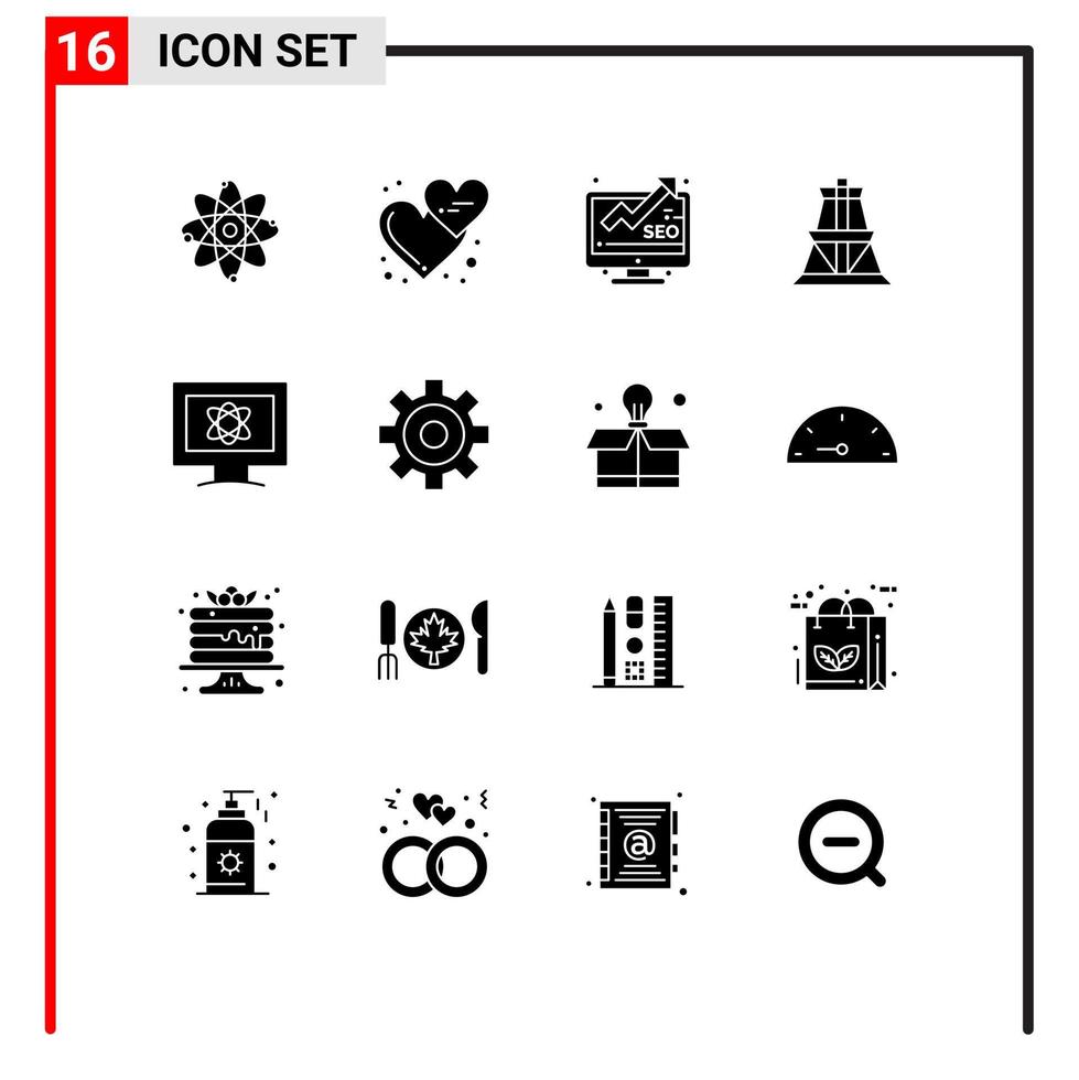 Set of 16 Vector Solid Glyphs on Grid for atom transmission love hearts energy seo Editable Vector Design Elements