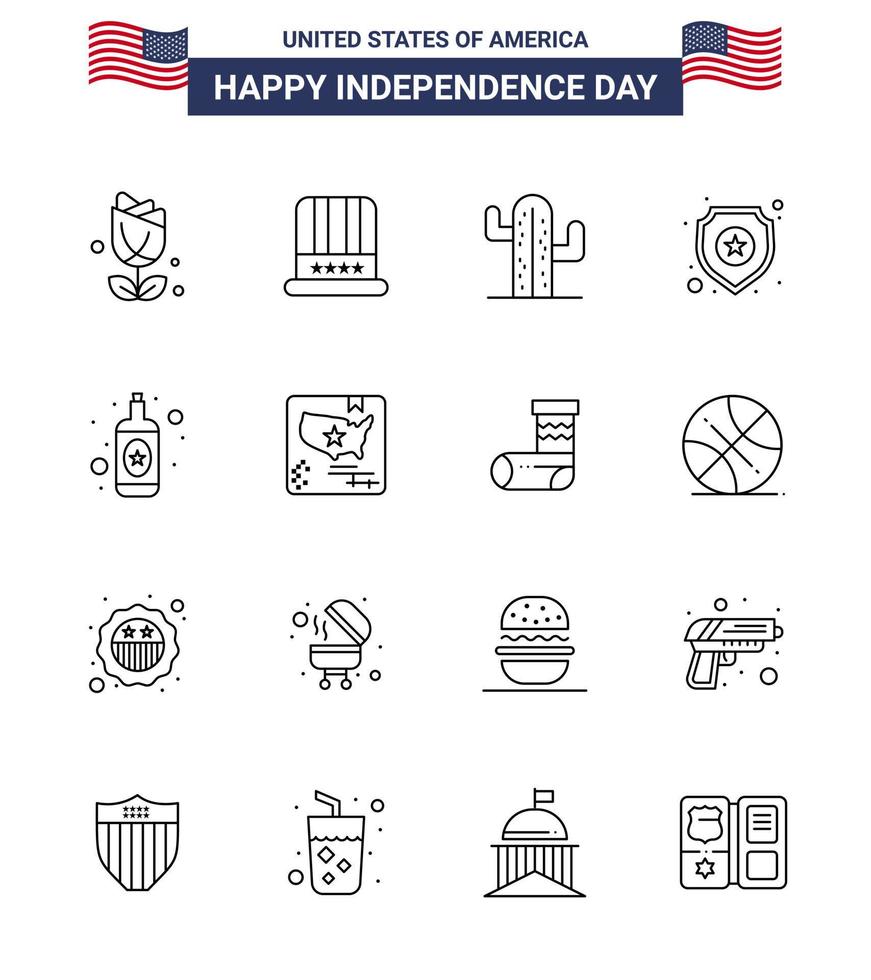 Modern Set of 16 Lines and symbols on USA Independence Day such as bottle sign cactus star shield Editable USA Day Vector Design Elements