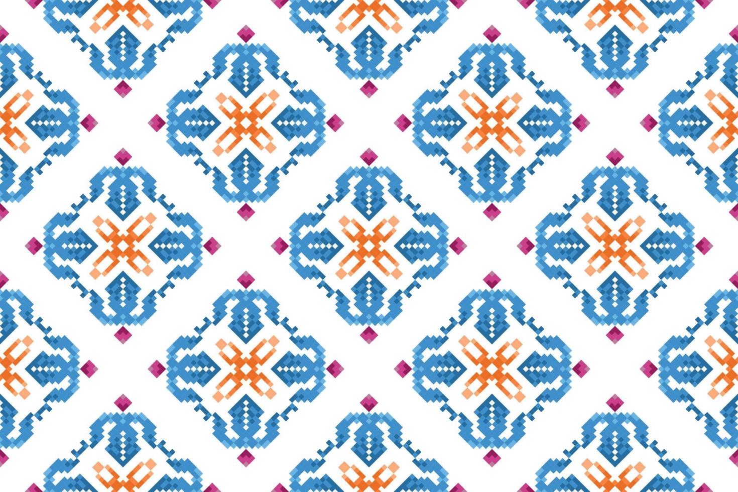 Ikat ethnic seamless pattern decoration design. Aztec fabric carpet boho mandalas textile decor wallpaper. Tribal native motif ornaments traditional embroidery vector background pixel style