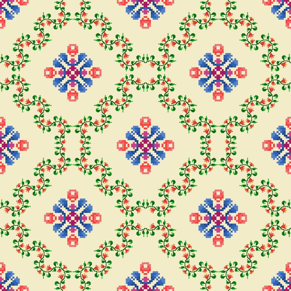 Ikat ethnic seamless pattern decoration design. Aztec fabric carpet boho mandalas textile decor wallpaper. Tribal native motif ornaments traditional embroidery vector background pixel style