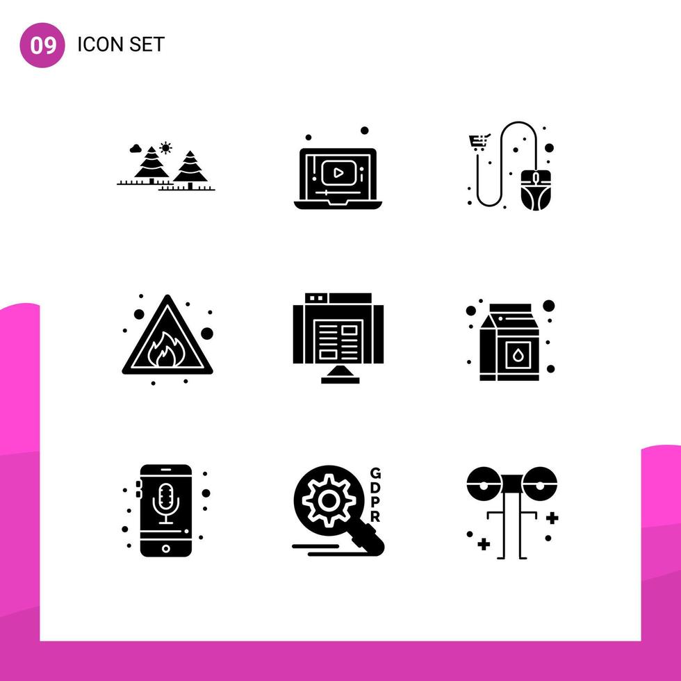 Pack of 9 Modern Solid Glyphs Signs and Symbols for Web Print Media such as sign fire music alert mouse Editable Vector Design Elements