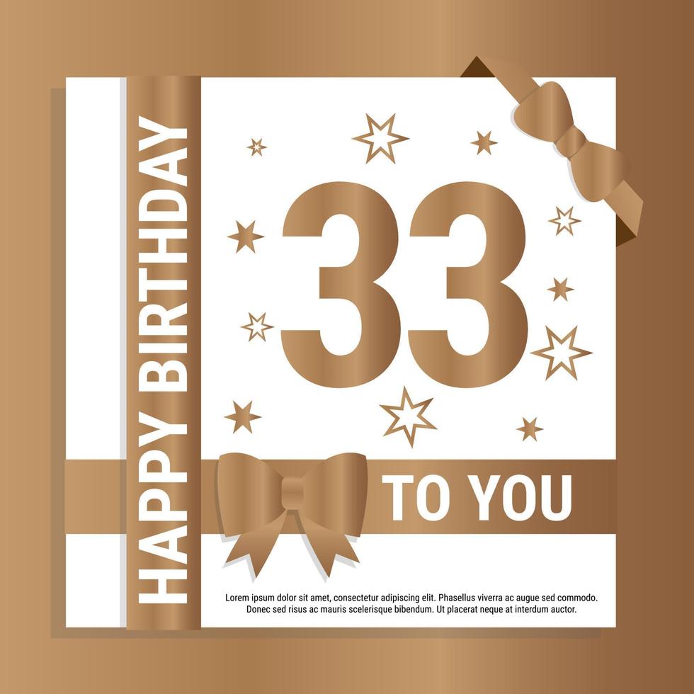 Happy 33th Birthday. Gold numerals and glittering gold ribbons. Festive background. Decoration for party event, greeting card and invitation, design template for birthday celebration. Eps10 Vector