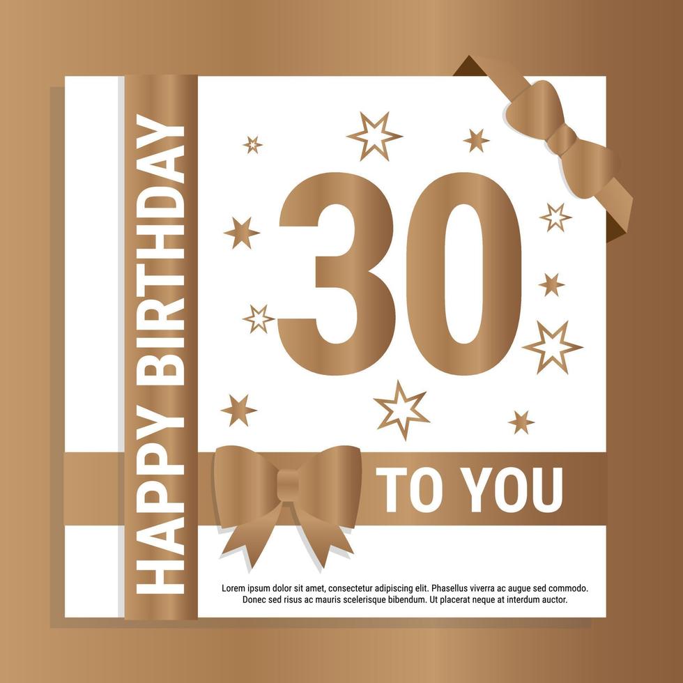 Happy 30th Birthday. Gold numerals and glittering gold ribbons. Festive background. Decoration for party event, greeting card and invitation, design template for birthday celebration. Eps10 Vector