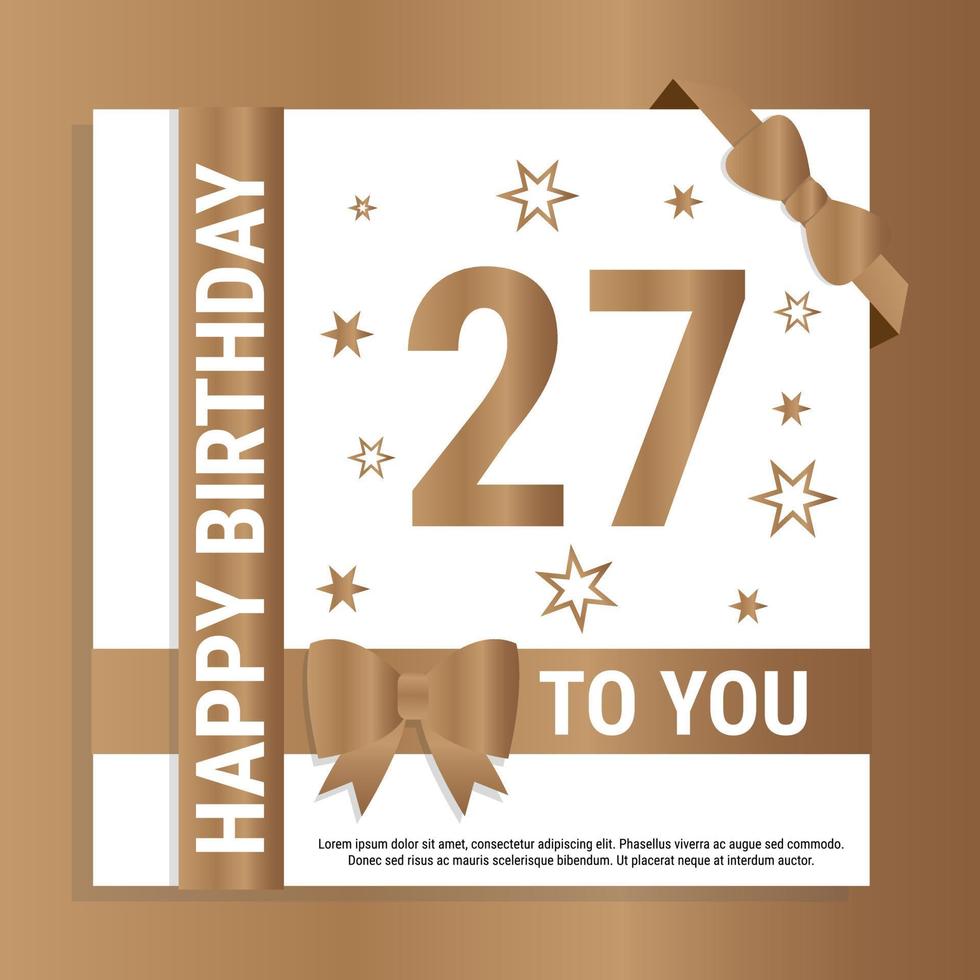 Happy 27th Birthday. Gold numerals and glittering gold ribbons. Festive background. Decoration for party event, greeting card and invitation, design template for birthday celebration. Eps10 Vector