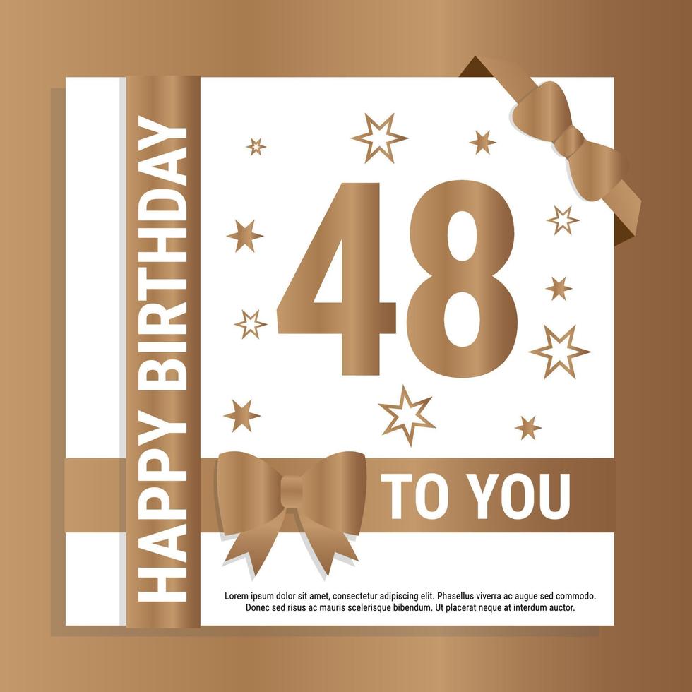 Happy 48th Birthday. Gold numerals and glittering gold ribbons. Festive background. Decoration for party event, greeting card and invitation, design template for birthday celebration. Eps10 Vector