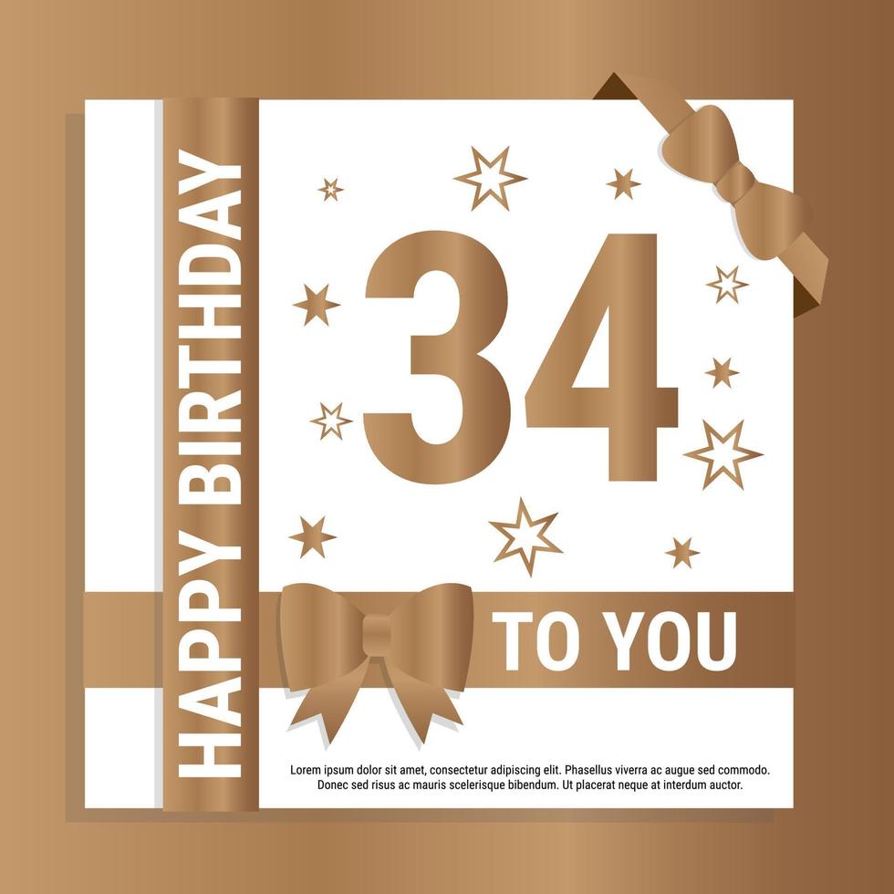 Happy 34th Birthday. Gold numerals and glittering gold ribbons. Festive background. Decoration for party event, greeting card and invitation, design template for birthday celebration. Eps10 Vector