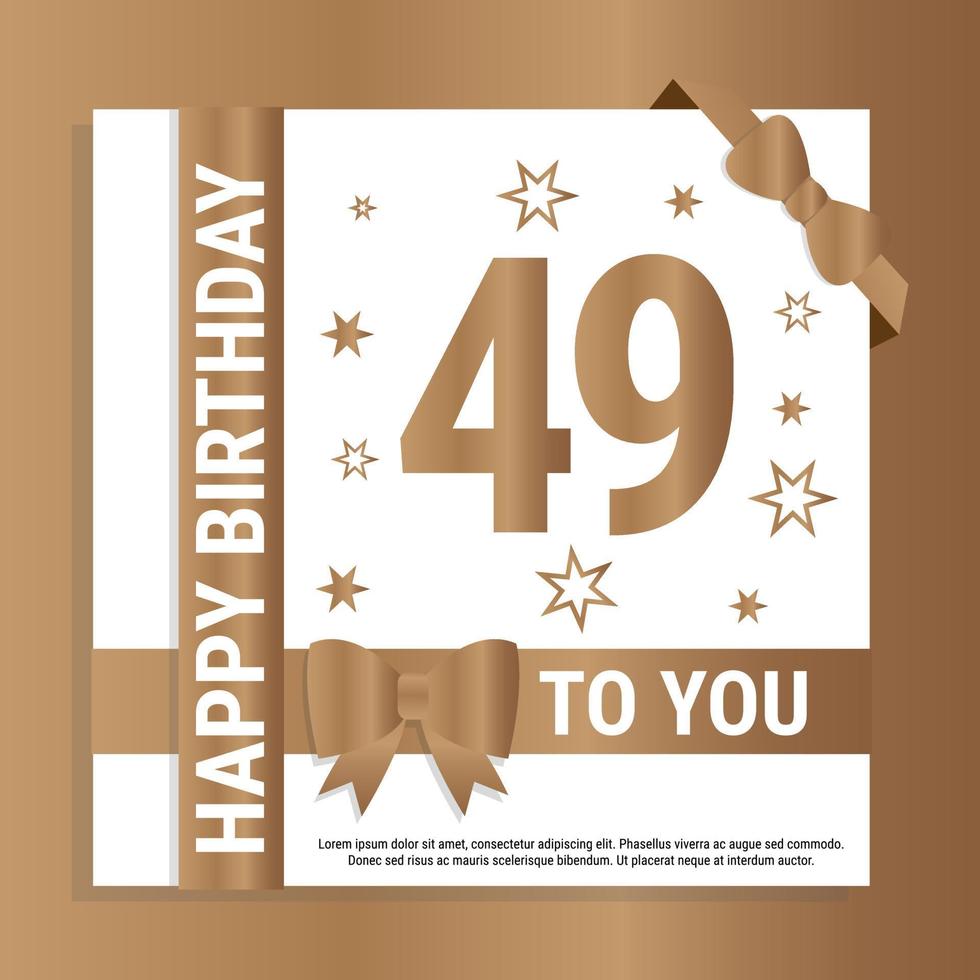 Happy 49th Birthday. Gold numerals and glittering gold ribbons. Festive background. Decoration for party event, greeting card and invitation, design template for birthday celebration. Eps10 Vector