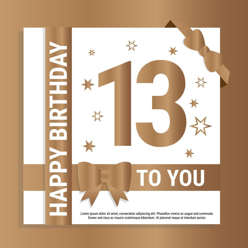 Happy 13th Birthday. Gold numerals and glittering gold ribbons. Festive background. Decoration for party event, greeting card and invitation, design template for birthday celebration. Eps10 Vector