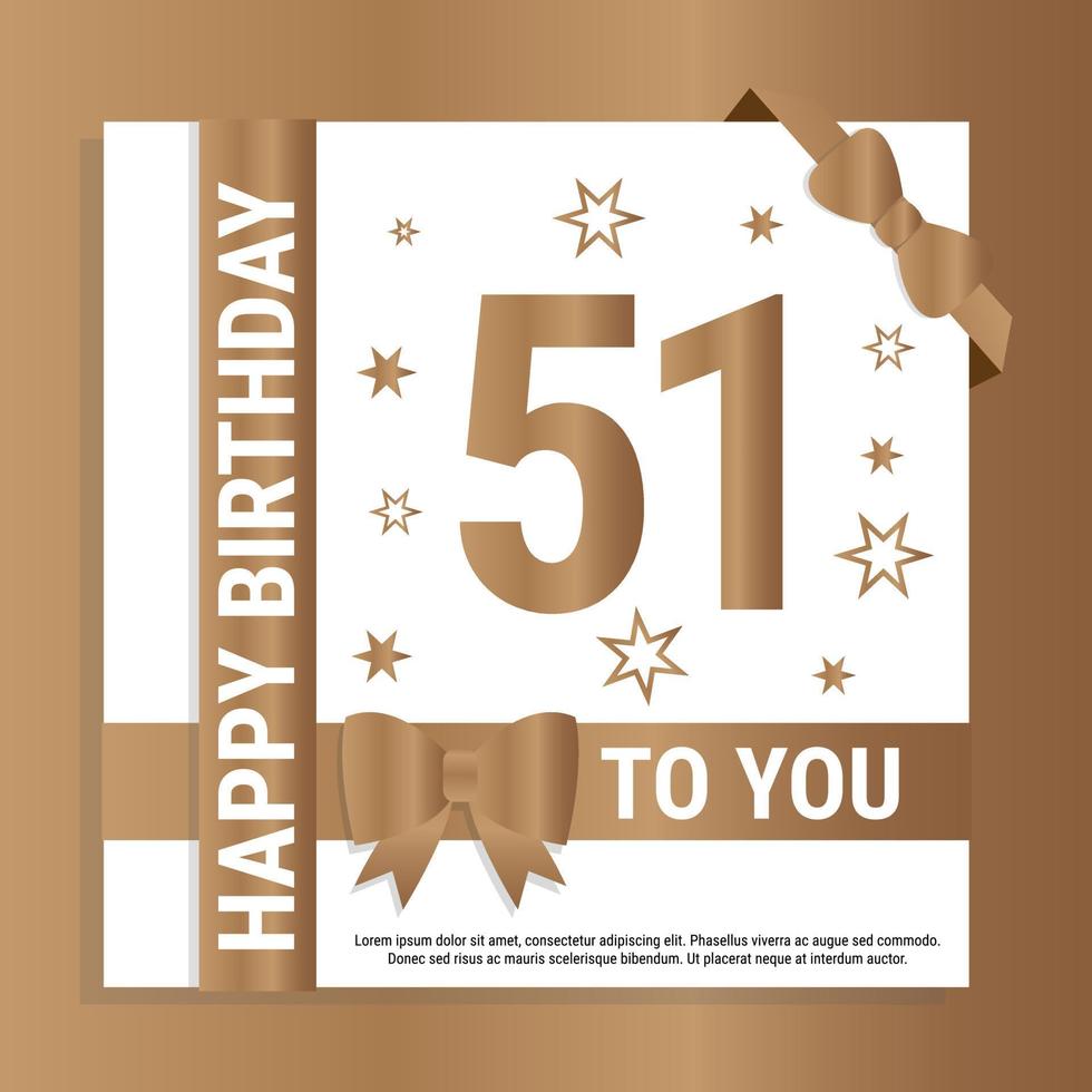 Happy 51th Birthday. Gold numerals and glittering gold ribbons. Festive background. Decoration for party event, greeting card and invitation, design template for birthday celebration. Eps10 Vector
