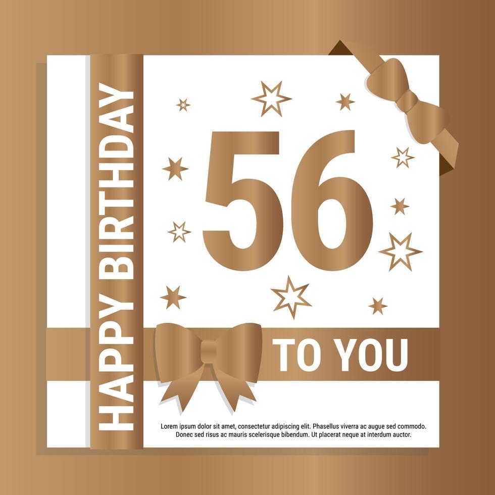 Happy 56th Birthday. Gold numerals and glittering gold ribbons. Festive background. Decoration for party event, greeting card and invitation, design template for birthday celebration. Eps10 Vector