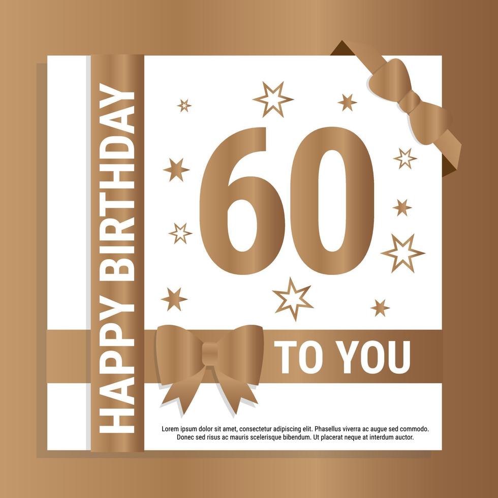 Happy 60th Birthday. Gold numerals and glittering gold ribbons. Festive background. Decoration for party event, greeting card and invitation, design template for birthday celebration. Eps10 Vector