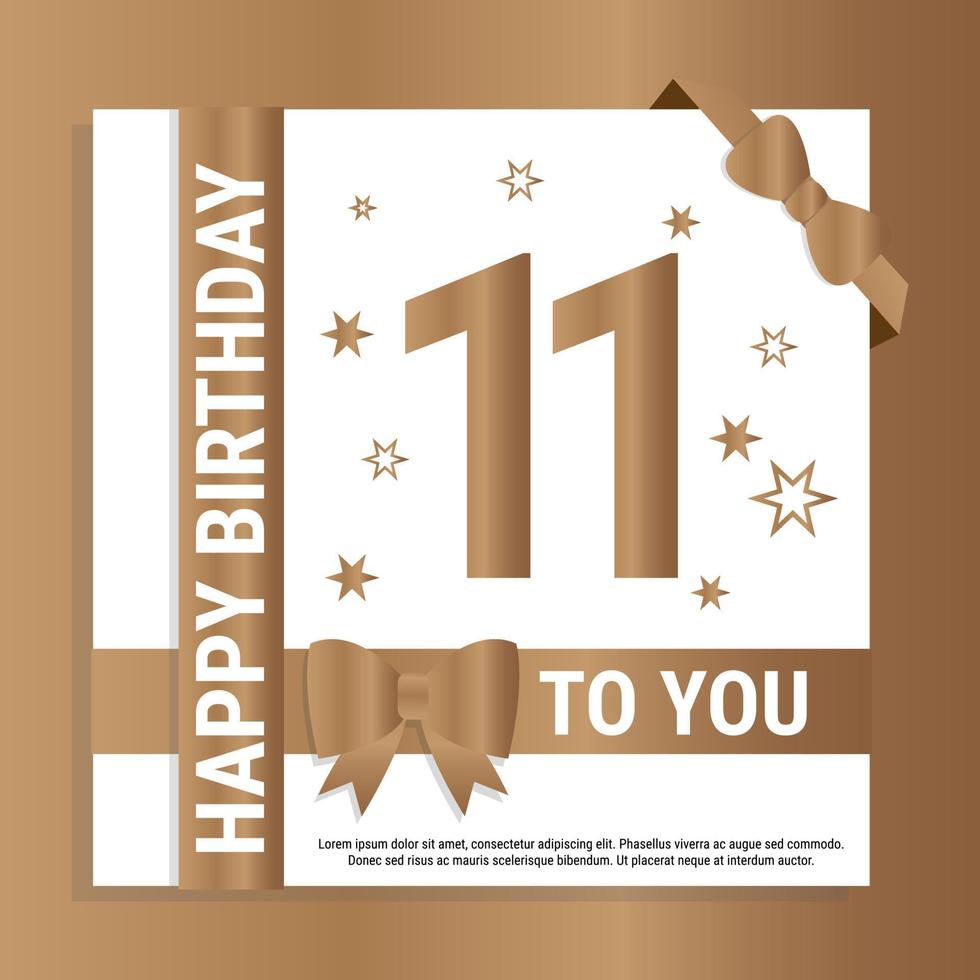 Happy 11th Birthday. Gold numerals and glittering gold ribbons. Festive background. Decoration for party event, greeting card and invitation, design template for birthday celebration. Eps10 Vector