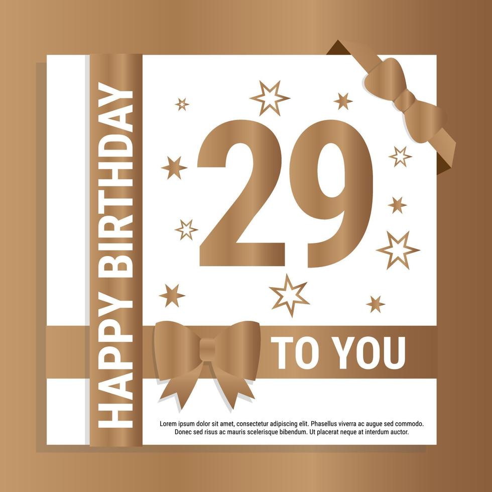 Happy 29th Birthday. Gold numerals and glittering gold ribbons. Festive background. Decoration for party event, greeting card and invitation, design template for birthday celebration. Eps10 Vector