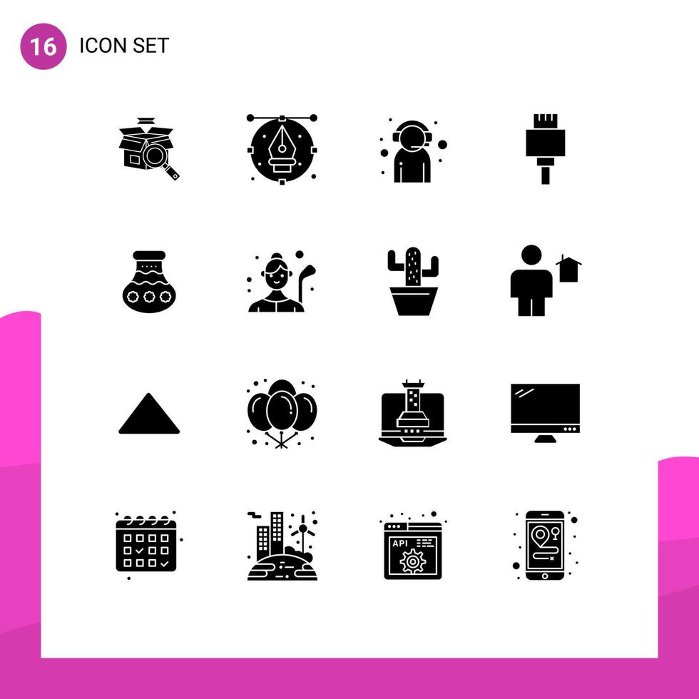 Modern Set of 16 Solid Glyphs Pictograph of pot devices pencil cable customer support Editable Vector Design Elements