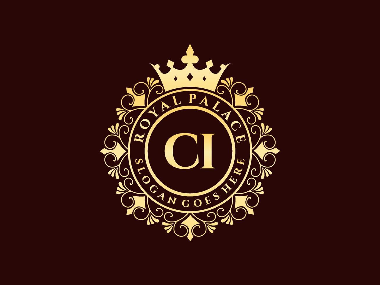 Letter CI Antique royal luxury victorian logo with ornamental frame. vector