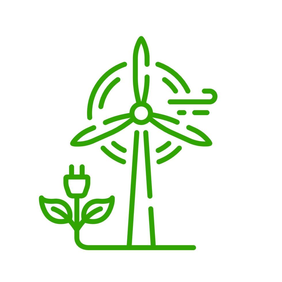 icono de línea de energía verde eólica. Pictograma lineal de granja de generación de energía renovable de ecología. icono de contorno de molino de viento ecológico. aerogenerador ecológico. trazo editable. ilustración vectorial aislada. vector