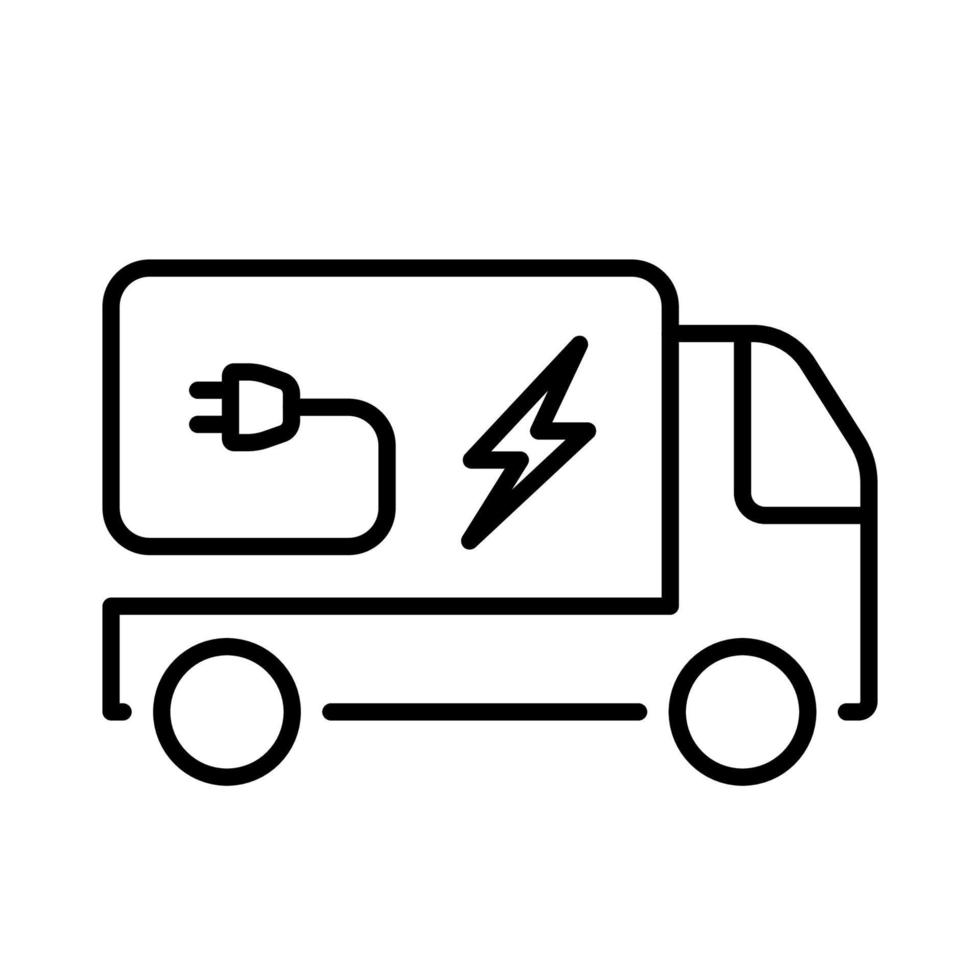 Eco Electricity Power Vehicle Transport Line Icon. Delivery Car with Lightning and Plug Sign. Electric Van Pictogram. Ecology Energy Truck Outline Icon. Editable Stroke. Isolated Vector Illustration.