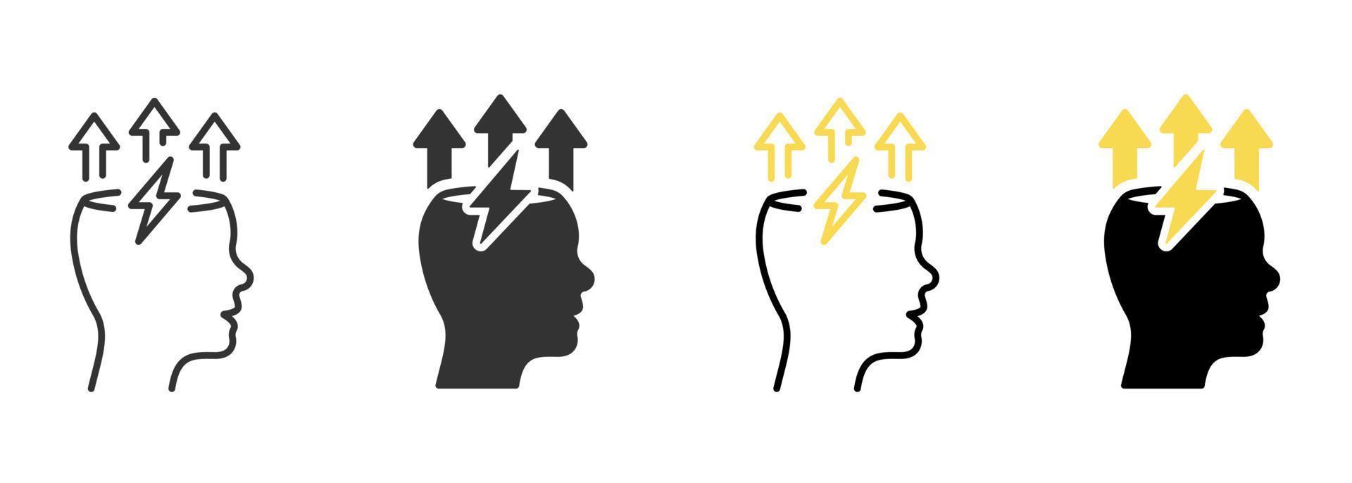 Brain and Lightning Bolt Silhouette and Line Icon. Stress, Creative Mind, Headache Pictogram. Creativity Think, Smart Brainstorm Icon. Mental Power. Editable Stroke. Isolated Vector Illustration.