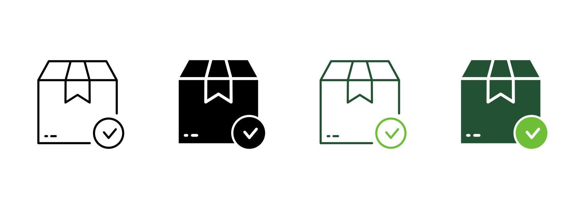 Check Carton Parcel Box Silhouette and Line Icon. Delivery Safe Cardboard Package Pictogram. Checkmark Quality Goods in Container Icon. Approved Product. Editable Stroke. Isolated Vector Illustration.