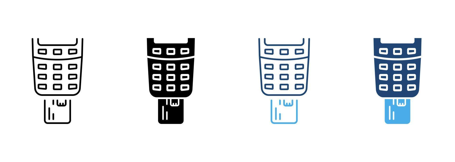 Payment Terminal with Inserted Credit Card Line and Silhouette Icon Set. Bank Service Financial Transaction Pictogram. Inserting Card in POS Symbol on White Background. Isolated Vector Illustration.