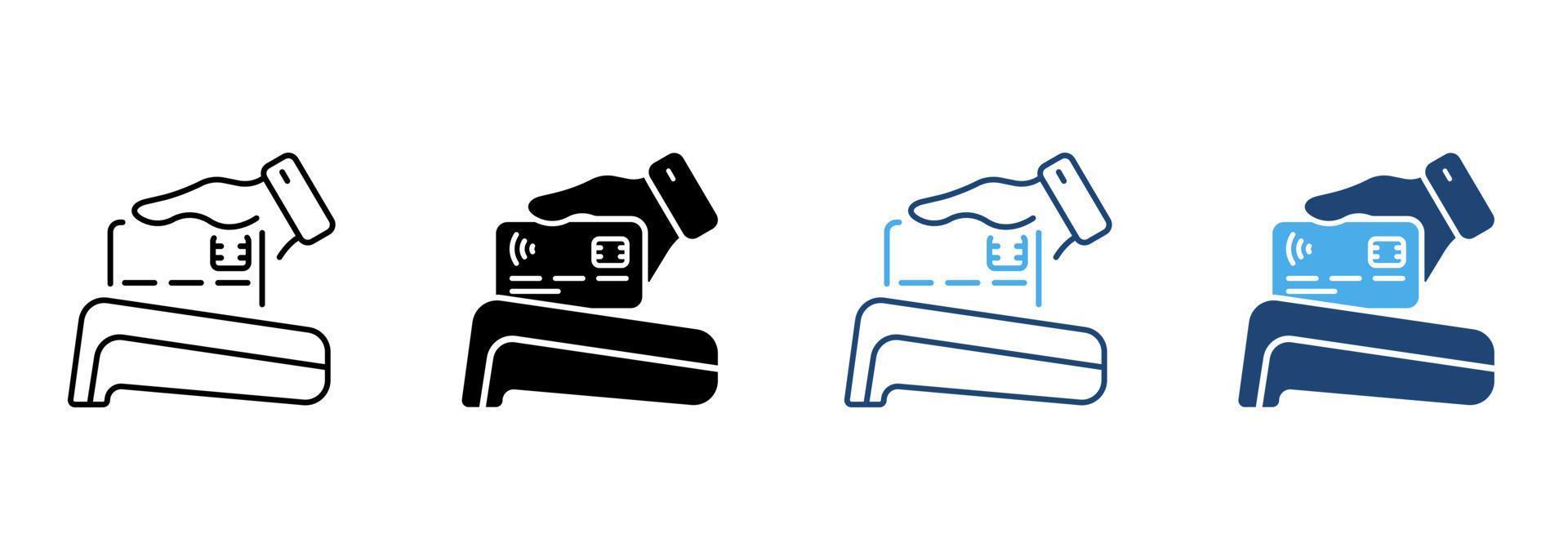 Cashless Payment Line and Silhouette Icon Set. Wireless Money Transaction on POS Pictogram. Electronic Purchase Paying by Credit Card Symbol on White Background. Isolated Vector Illustration.