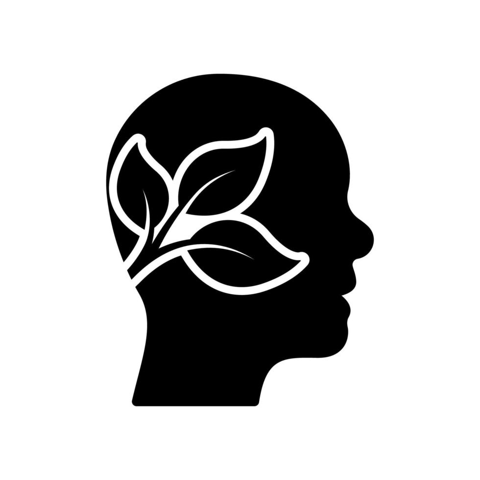 planta en icono de silueta de cabeza humana. Pictograma de glifo de concepto de entorno cerebral de hoja y persona. idea de ecología de rama de árbol, icono de pensamiento ecológico. símbolo de la mente de la naturaleza verde. ilustración vectorial aislada. vector