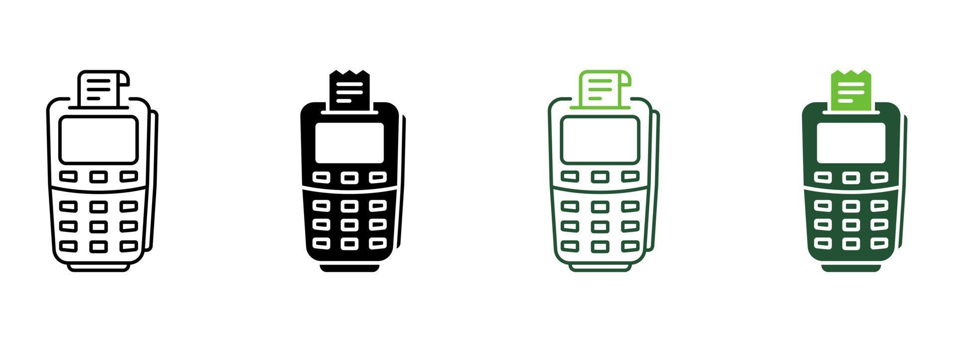 Finance Terminal for Cashless Payment Silhouette and Line Icon. Pos with Pay Receipt Pictogram. Electronic Money Transaction Bank Machine Symbol. Editable Stroke. Isolated Vector Illustration.