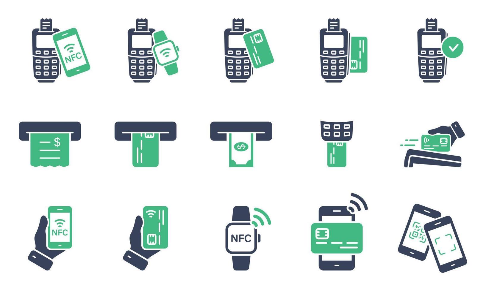 NFC Cashless Wireless Payment Technology Glyph Pictogram. ATM Money Withdraw Icon. Pay Transaction by Mobile Phone, Smart Watch, Credit Card on POS Silhouette Icon Set. Isolated Vector Illustration.