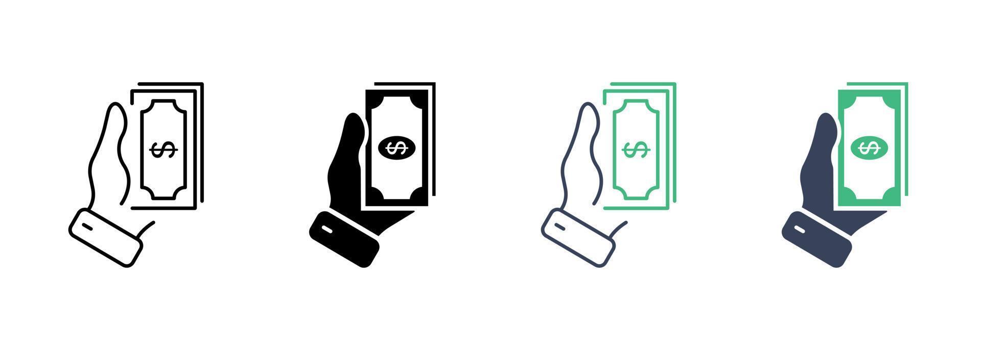 Hand Hold Cash for Payment Line and Silhouette Icon Set. Give Dollar for Currency Exchange Pictogram. Earn Money, Income Salary Flat Symbol on White Background. Isolated Vector Illustration.