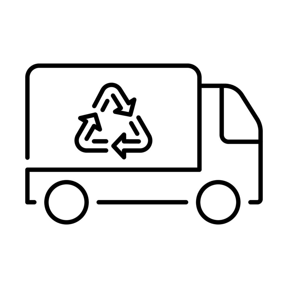 Garbage Truck for Rubbish Disposal Service Line Icon. Vehicle Trash Car for Transportation Ecology Waste Pictogram. Garbage Truck with Recycle Symbol. Editable Stroke. Isolated Vector Illustration.