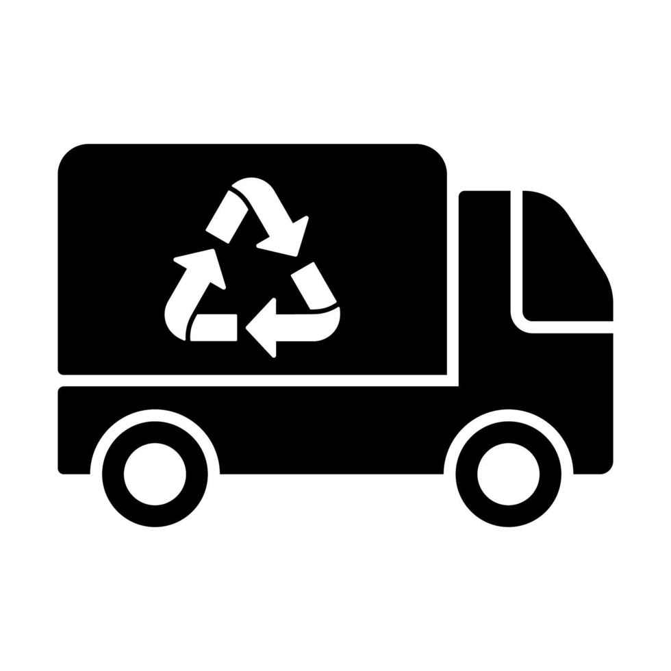 Garbage Truck with Recycle Symbol. Silhouette Icon. Vehicle Machine Transport for Waste Disposal Glyph Pictogram. Trash Transportation Ecology Service Industry Symbol. Isolated Vector Illustration.