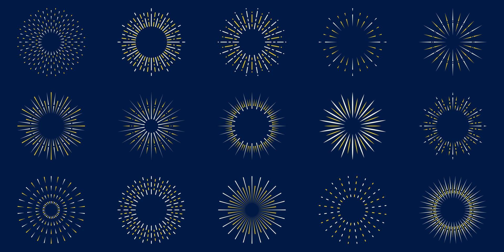 Firework Line Icon Set. Starburst Light Explosion. Circle Spark Sunburst Star Burst Shine Outline Icon. Celebrate Happy Birthday, Merry Christmas Party Linear Pictogram. Isolated Vector Illustration.