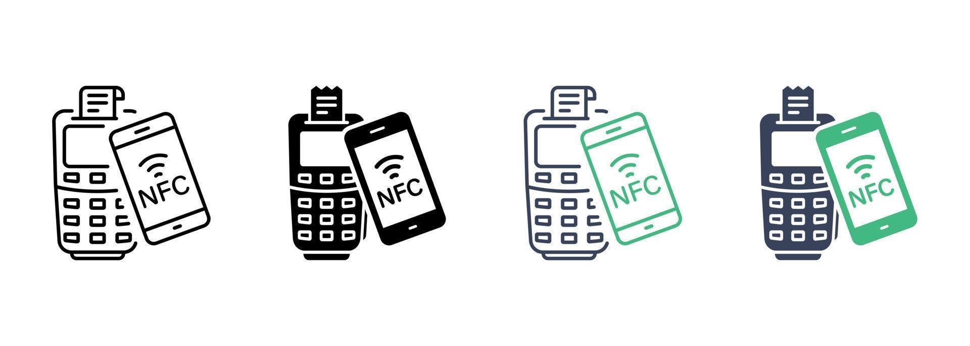 Payment By Smartphone on POS Line and Silhouette Icon Set. Contactless NFC Technology Pictogram. Cashless Transaction by Mobile Phone Symbol Collection. Isolated Vector Illustration.