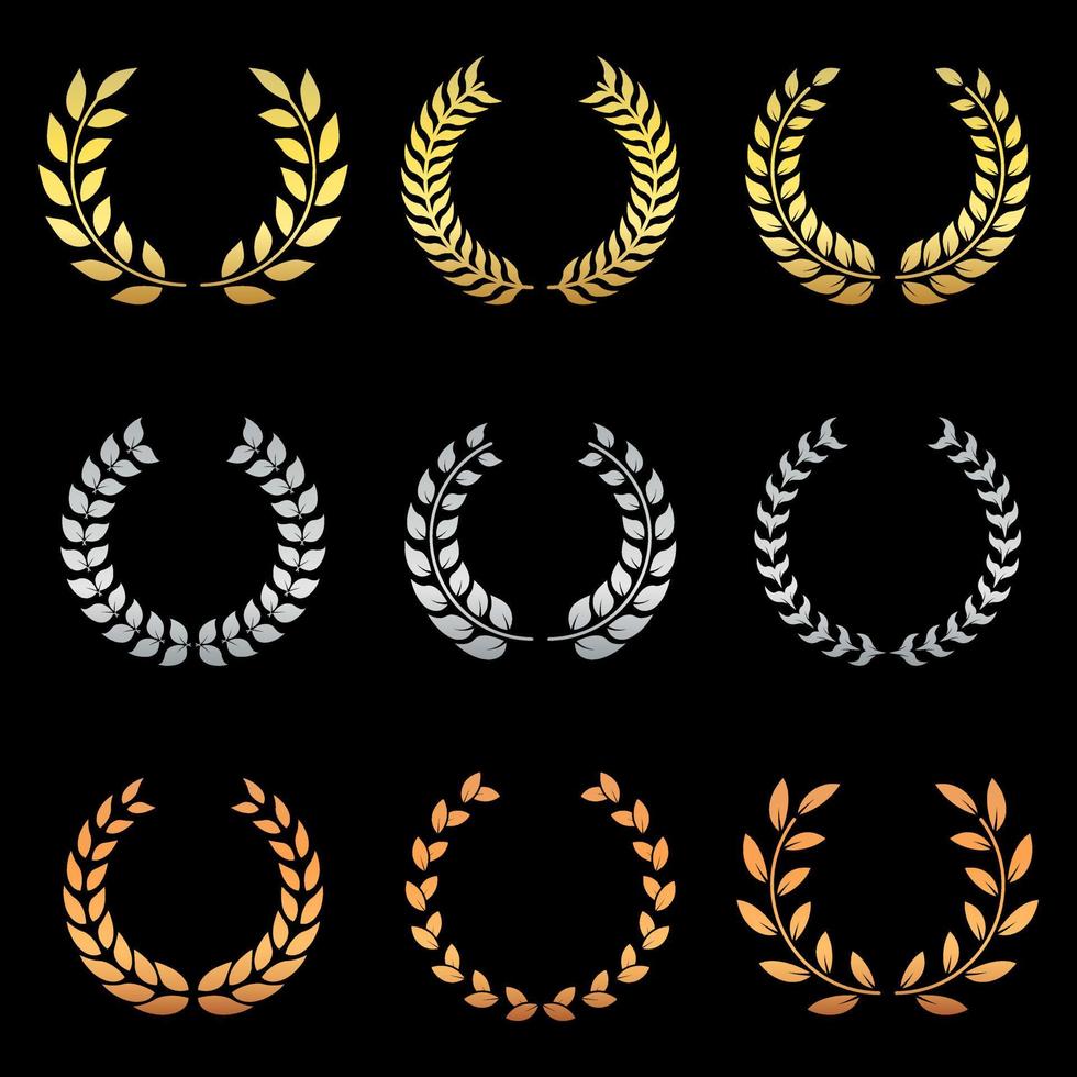 Gold, Silver, and Bronze Laurel Wreath Silhouette Icon Set. Success Chaplet Symbol. Champion Foliate Trophy Pictogram. Olive Leaves Branch Award Round Emblem. Isolated Vector Illustration.