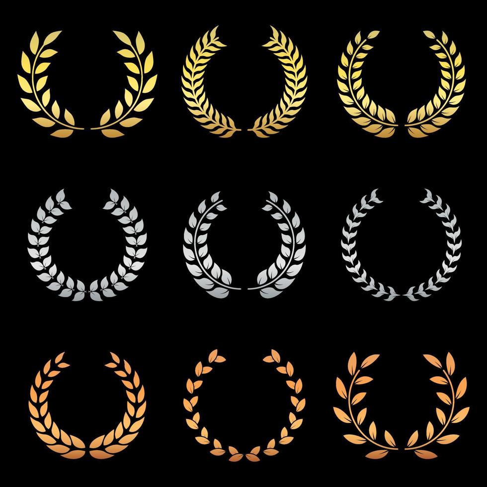 Gold, Silver, and Bronze Laurel Wreath Silhouette Icon Set. Success Chaplet Symbol. Champion Foliate Trophy Pictogram. Olive Leaves Branch Award Round Emblem. Isolated Vector Illustration.